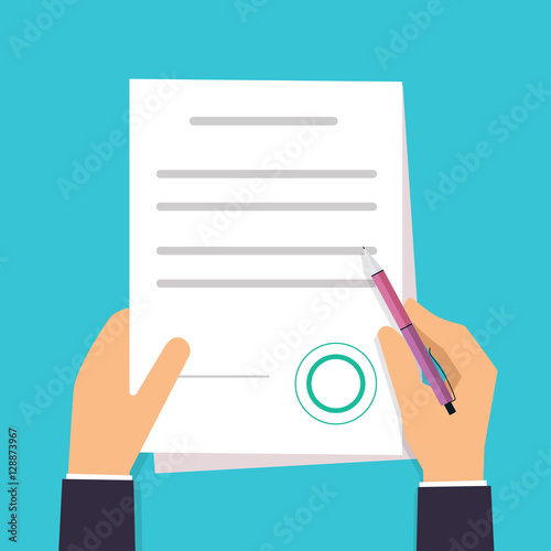 Businessman is signing a contract. Vector agreement icon in flat