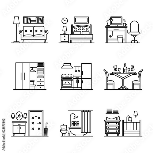 Home room types furniture signs set
