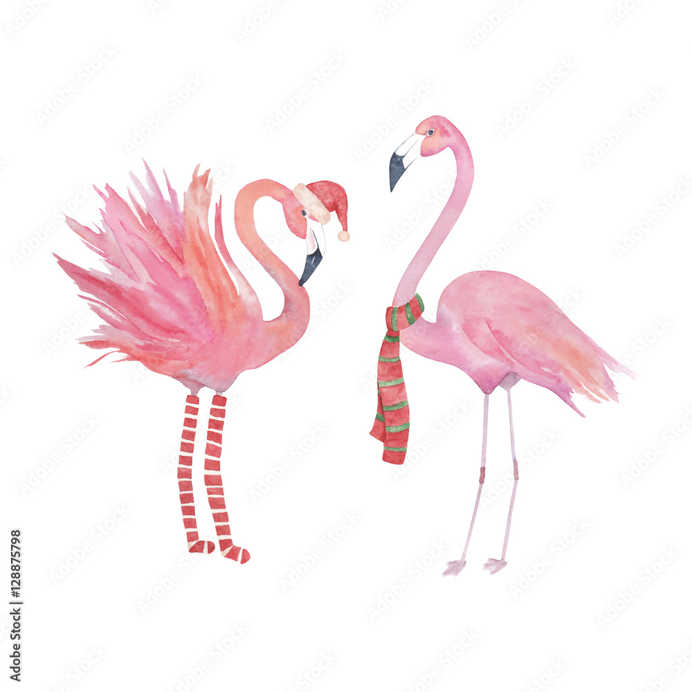 Obraz premium Watercolor christmas flamingo, decorative design.Isolated elements