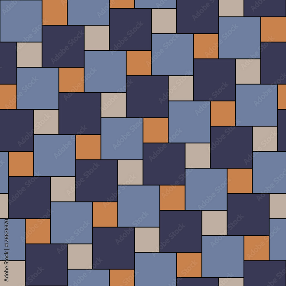 Vector blue and orange tiles seamless pattern, square grid textile print, abstract texture for fashion design