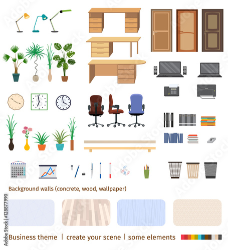 Set of business elements and furniture to create your own office interior scene.