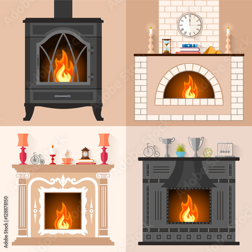 Vector set of fireplaces in flat style. Collection of icons of different fireplaces with flame. Template for your design.
