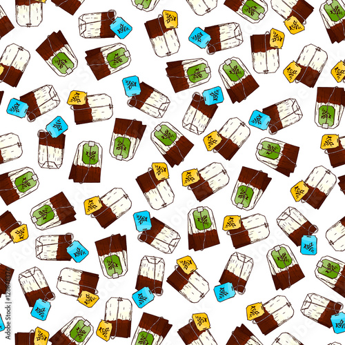 Cute seamless pattern made of hand drawn tea bags.