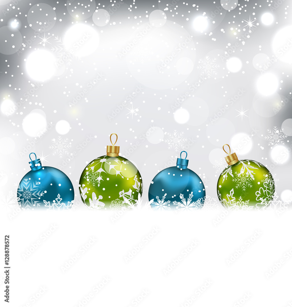 Winter Background with Colorful Glass Balls and Snowflakes