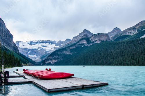 red canoes on Lake Louise