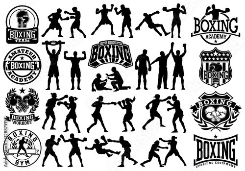 Editable vector silhouettes and badges collection of man and woman boxing photo