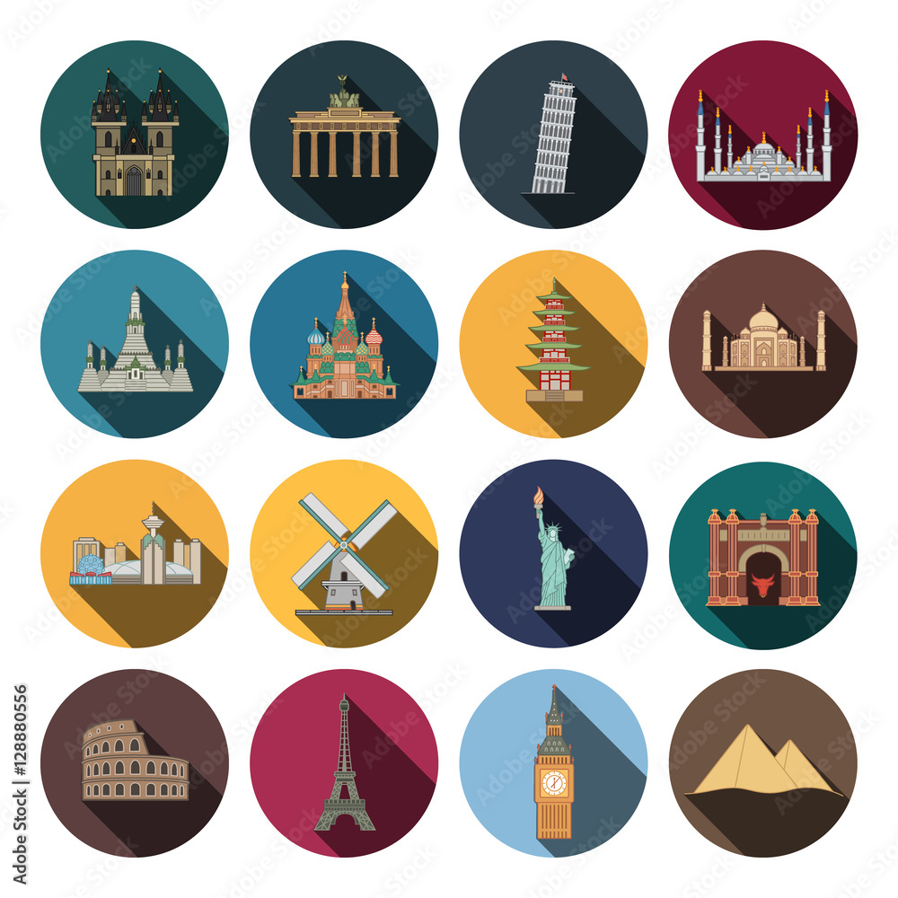 sixteen flat landmark icons sixteen flat landmark icons