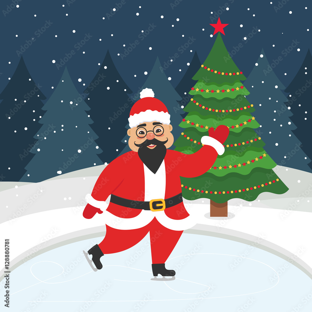 Happy new year and merry Christmas. Greeting card with christmas tree. Beautiful Asian Santa skating on the winter ice-skating rink. Vector illustration. Flat design. Happy new year and merry Christmas. Greeting card with christmas tree. Beautiful Asian Santa skating on the winter ice-skating rink. Vector illustration. Flat design.