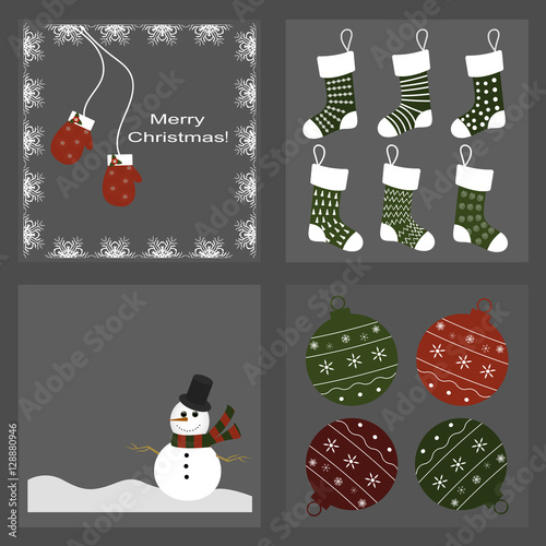 set of Christmas icons for holiday packaging - socks, mittens, snowman, balls