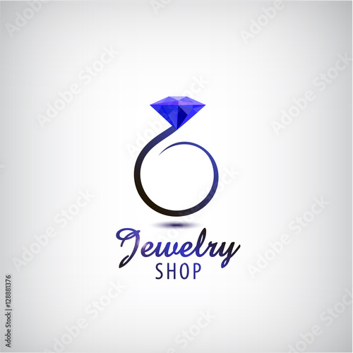 Vector jewelry logo design template. Circle ring with blue stone, crystal.