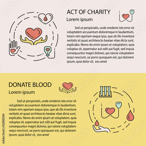Charity and donation concept set for web banners, printed materials, infographics, websites. Creative icons in thin line flat design. Vector illustration eps10