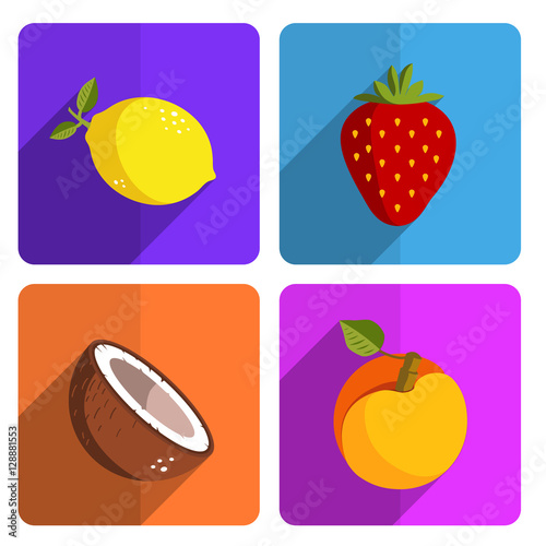 Colorful Fruit Icon Set on Bright Background 