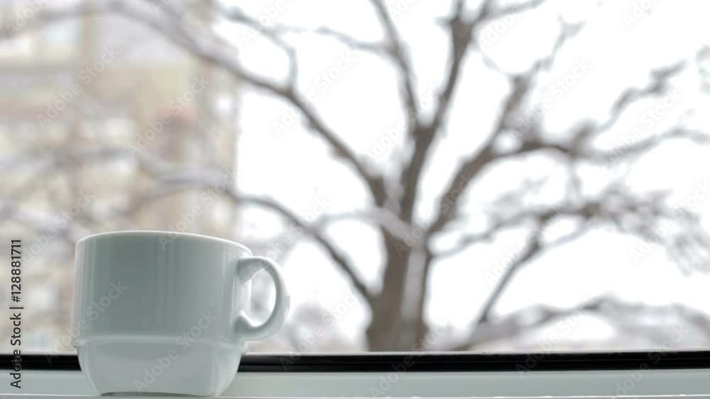 Cup of coffee on a background of snowy weather Cup of coffee on a background of snowy weather