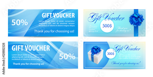 Voucher template with wavy background and blue bow ribbons. design usable for gift coupon, , invitation, certificate, diploma, ticket etc.