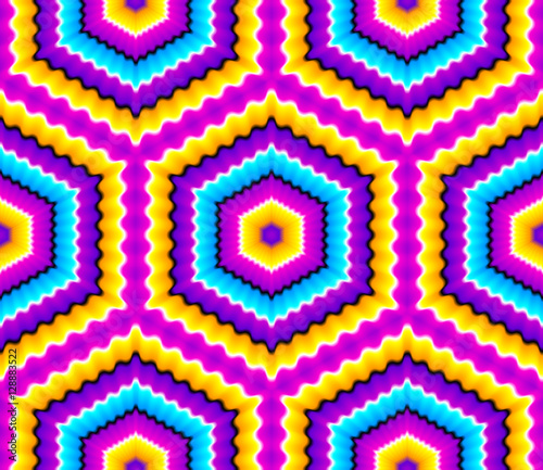 Pink background with colorful hexagons (optical expansion illusion)