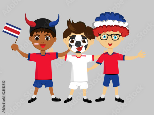 Fan of Costa Rica national football team, sports. Boy with flag in the colors of the national command with sports paraphernalia. Kid with national flag.