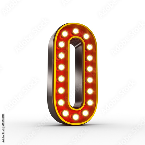 High quality 3D illustration of the number zero in vintage style with light bulbs illuminating it. Clipping path included.