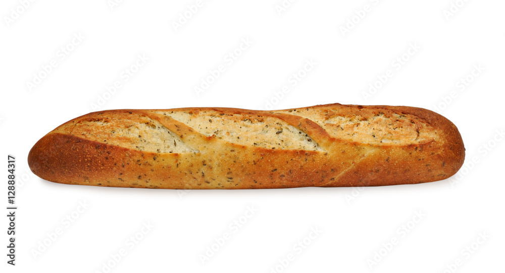 Long loaf with herbs isolated on white background Long loaf with herbs isolated on white background