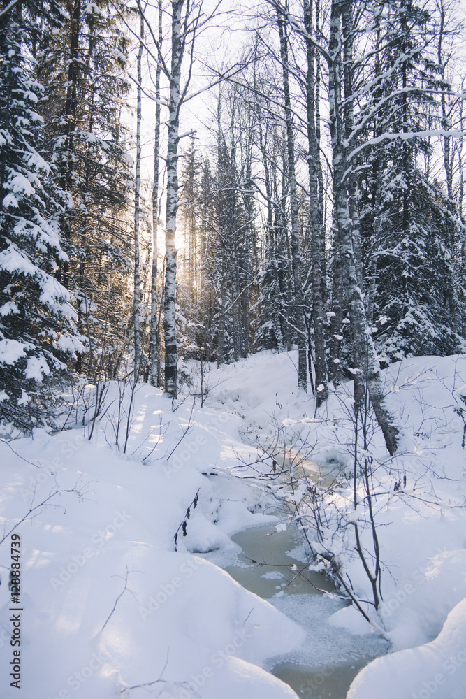 Frozen creek in winter snowy forest, Zyuratkul Frozen creek in winter snowy forest, Zyuratkul