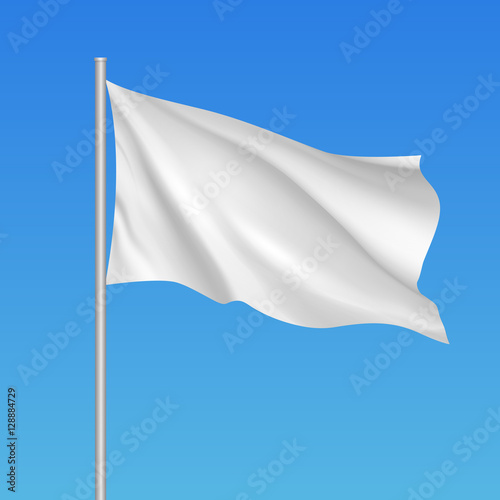 White waving flag template. Clean horizontal flag, for your design. Empty blank of flag on flagpole on the sky. Vector 3d mockup.