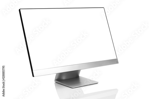 Sleek modern computer display with blank white screen, front side view titled up and isolated on white background with reflection