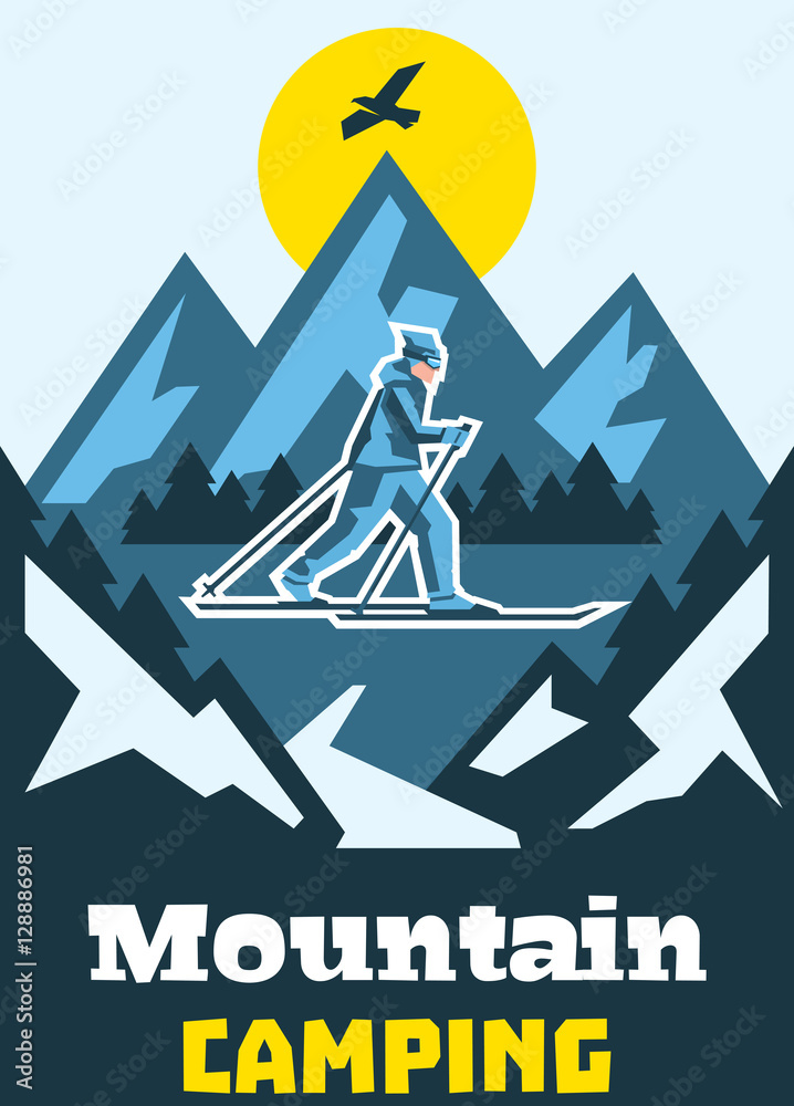 Mountain camping. Winter weekend, holiday. Skier walking in the snow. Fresh air. on the horizon, winter nature view. Pine forest. Vector illustration. Flat style Mountain camping. Winter weekend, holiday. Skier walking in the snow. Fresh air. on the horizon, winter nature view. Pine forest. Vector illustration. Flat style