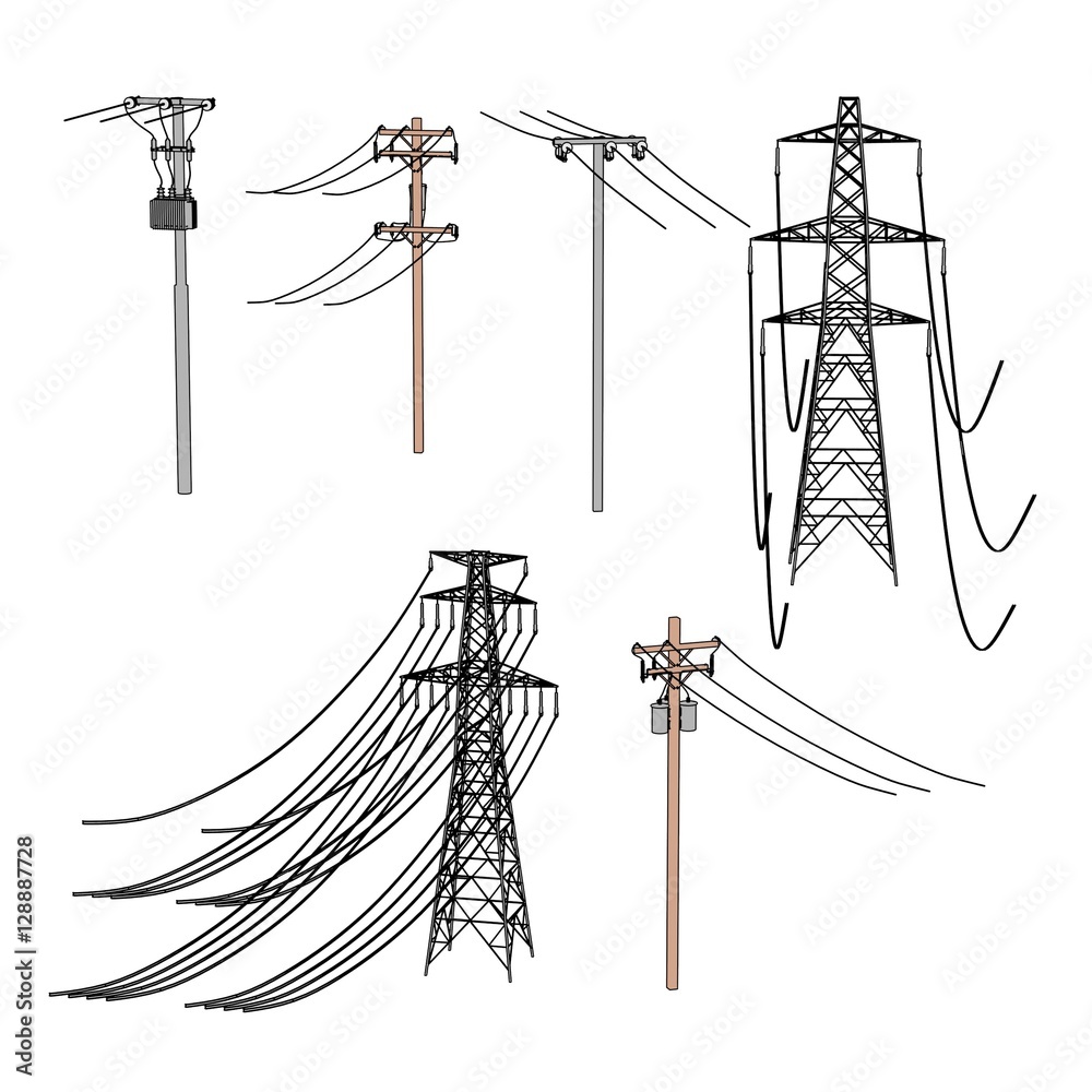 2d cartoon illustration of electric lines - obrazy, fototapety, plakaty 