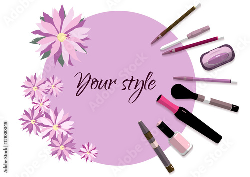 Illustration with cosmetics items and flowers against the dark pink circle