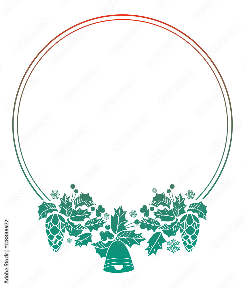 Round Christmas label with holiday decorations. Color gradient fill. Copy space. - obrazy, fototapety, plakaty 