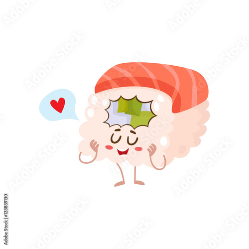 Japanese salmon, tuna sushi character, cartoon vector illustration isolated on white background. Cute and funny salmon, tuna sushi, sashimi, roll character smiling shyly