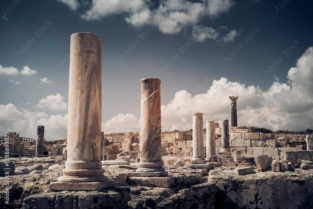 Pillars and ruins at Kourion archaeological site. Limassol District