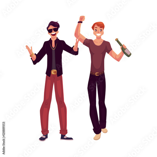 Young male clubbers having fun in nightclub, at party, cartoon vector illustration isolated on white background. Two guys, boys, men, party animals entertaining in nightclub, nightlife concept