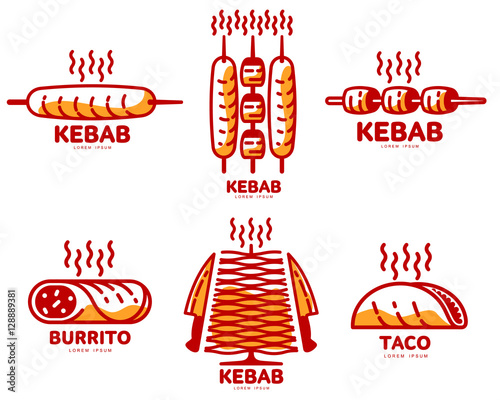 Set of stylized kebab, burrito, taco logo templates, vector illustration isolated on white background. Creative two-colored kebab, burrito, taco logotype templates, Turkish, Mexican fast food
