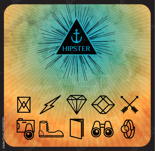 Trendy hipster style icons on retro background with rays