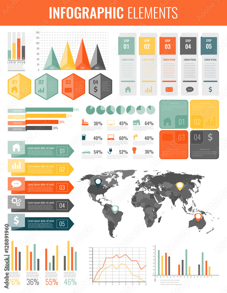 Infographic Elements with world map and charts. Vector