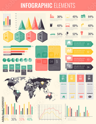 Infographic Elements with world map and charts. Vector