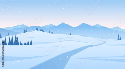 Vector illustration: Winter scene with mountains landscape. Christmas background