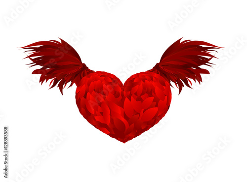Design red heart with wings. Vector.Isolated on white background