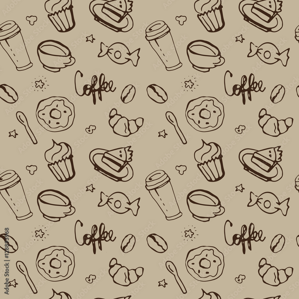 Delicious sweet vector pattern design. Hand drawn coffee pattern.