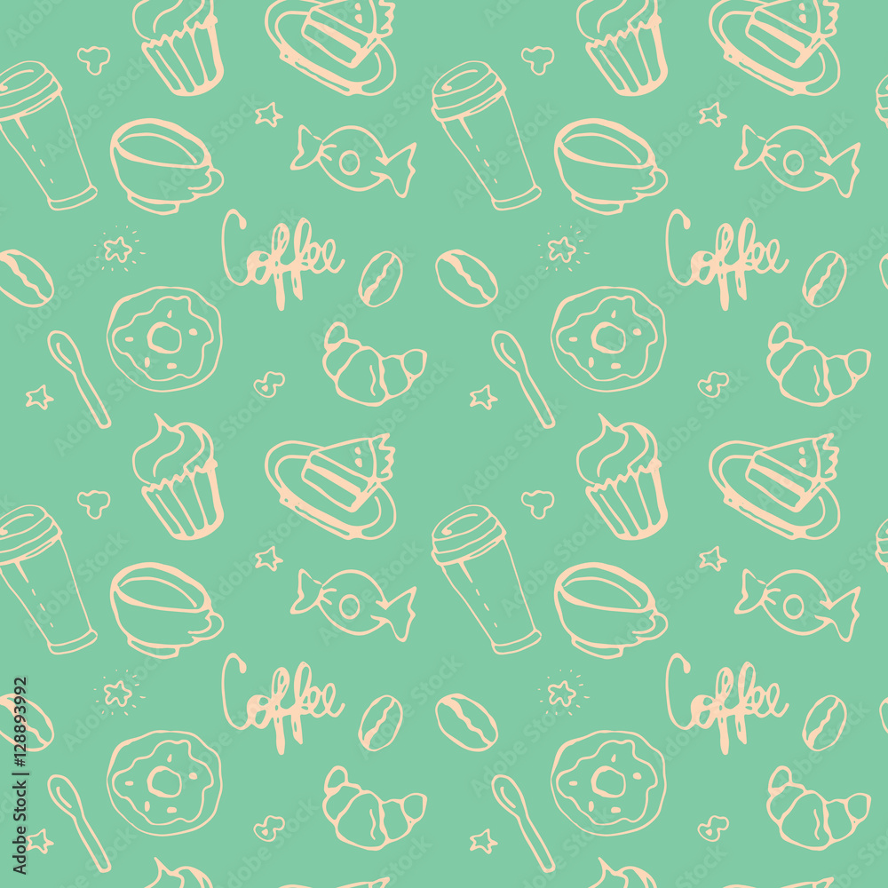 Delicious sweet vector pattern design. Hand drawn coffee pattern.