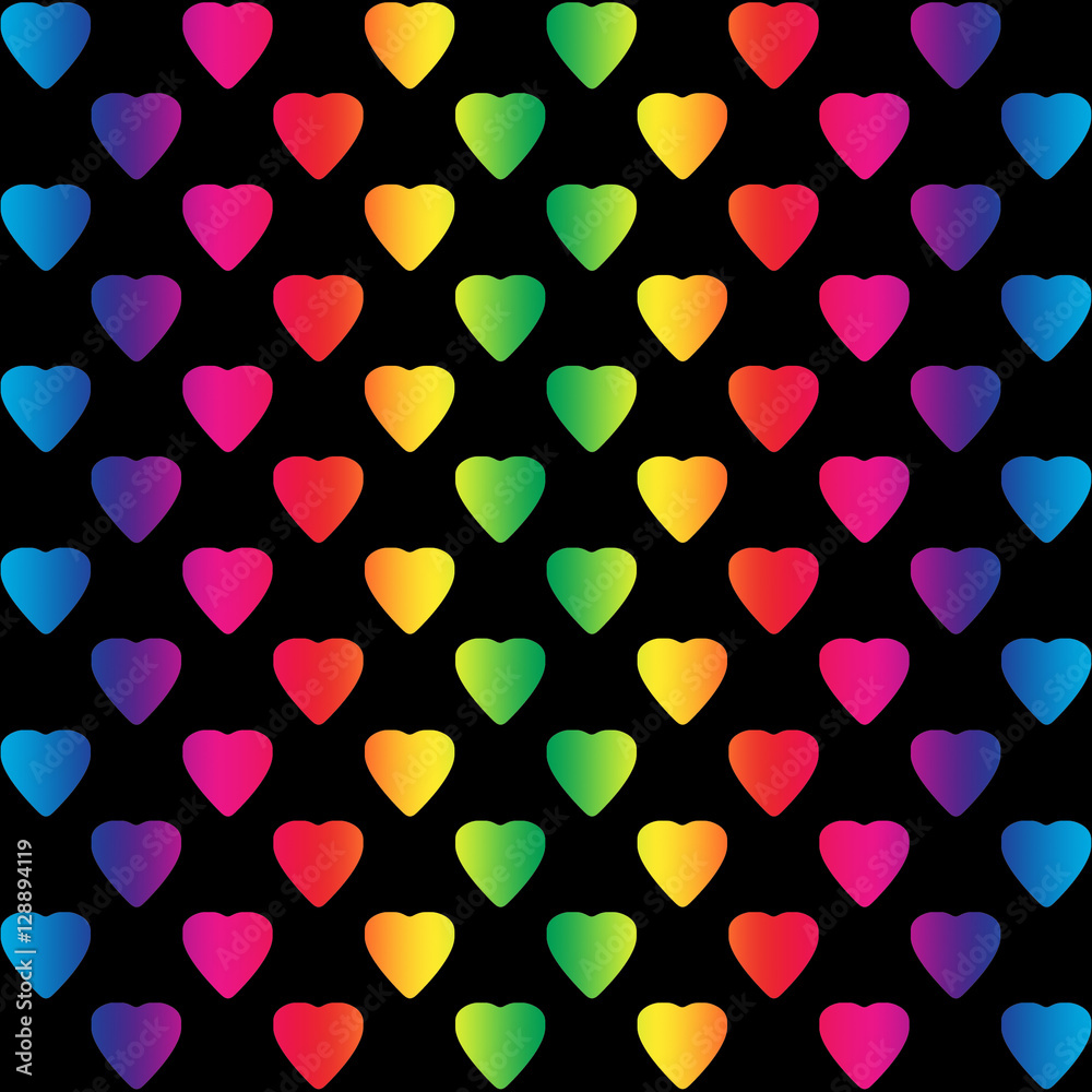 Bright rainbow colored hearts on black background, a seamless pattern