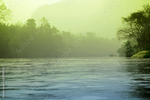 fog mystic river and forest landscape