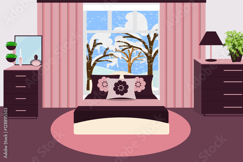 Bedroom interior vector illustration. Dresser, bedside table, potted plant, lamp , carpet, bed, winter landscape. Flat style. Cartoon