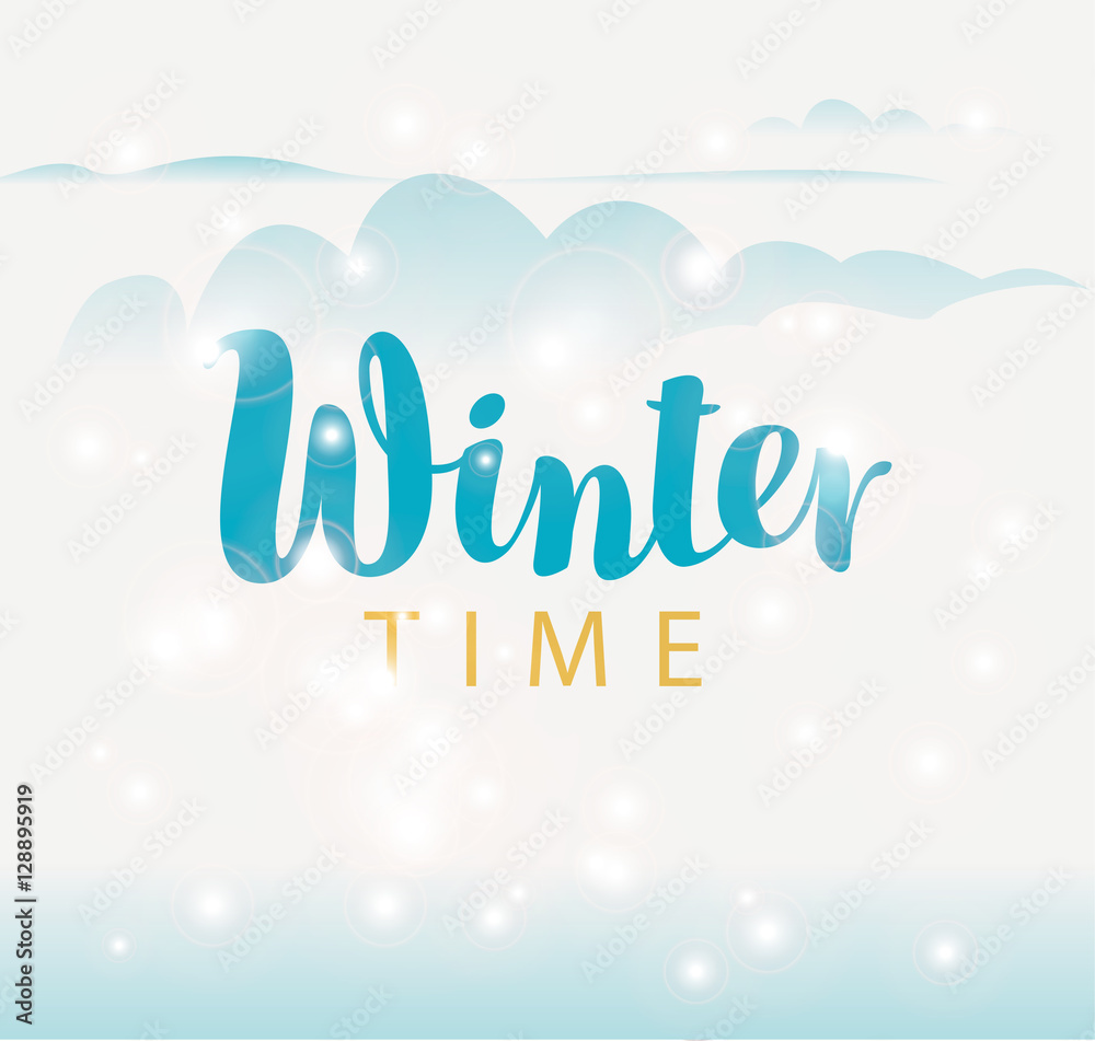 hello winter inscription on sun background with snow and patches of light hello winter inscription on sun background with snow and patches of light