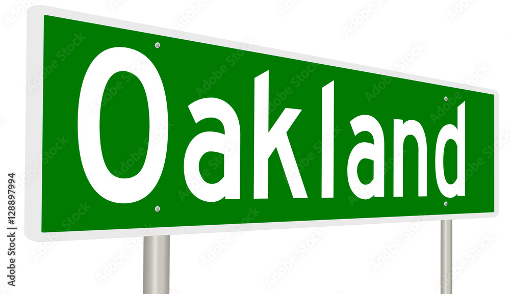 A 3d rendering of a green highway sign for Oakland, California A 3d rendering of a green highway sign for Oakland, California