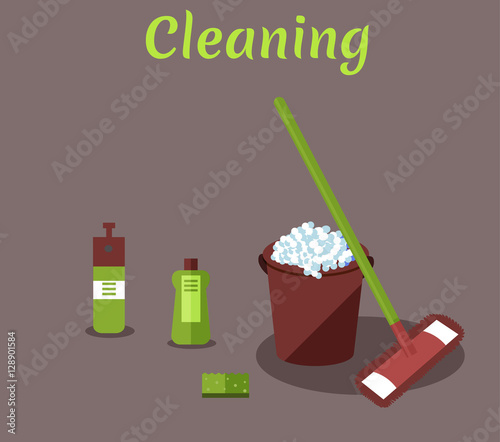 Tools for housekeeping: a burgundy bucket with soapy foam, MOP with green handle and cloth, bottle of detergent with a cover, spray and sponge. Vector illustration. Cleaning 