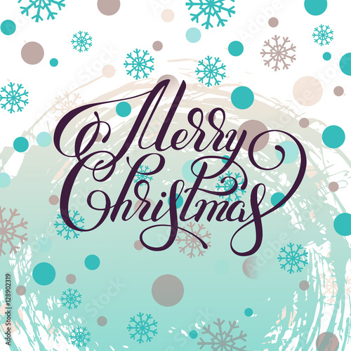 merry christmas hand written calligraphy with snowflakes greetin