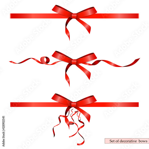 Set of decorative red bows with horizontal ribbons isolated on white background. Vector Illustration