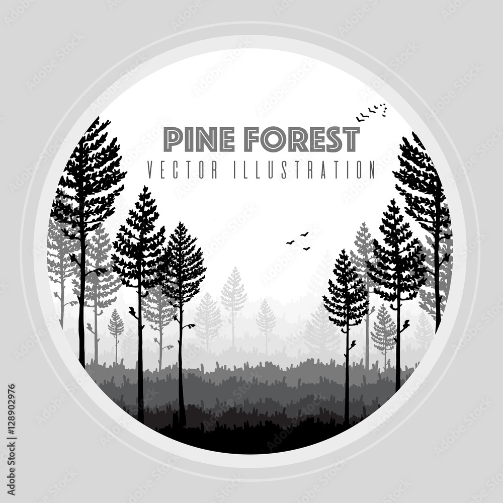Vector pine forest landscape. Beautiful hand drawn illustration - dark ...