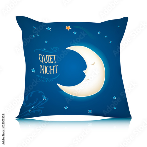 Mock up of square pillow with cartoon sleeping moon. Vector illustration